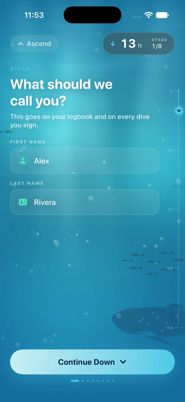 What should we call you? — screen 2 of 10 of the MyDiveLogs setup